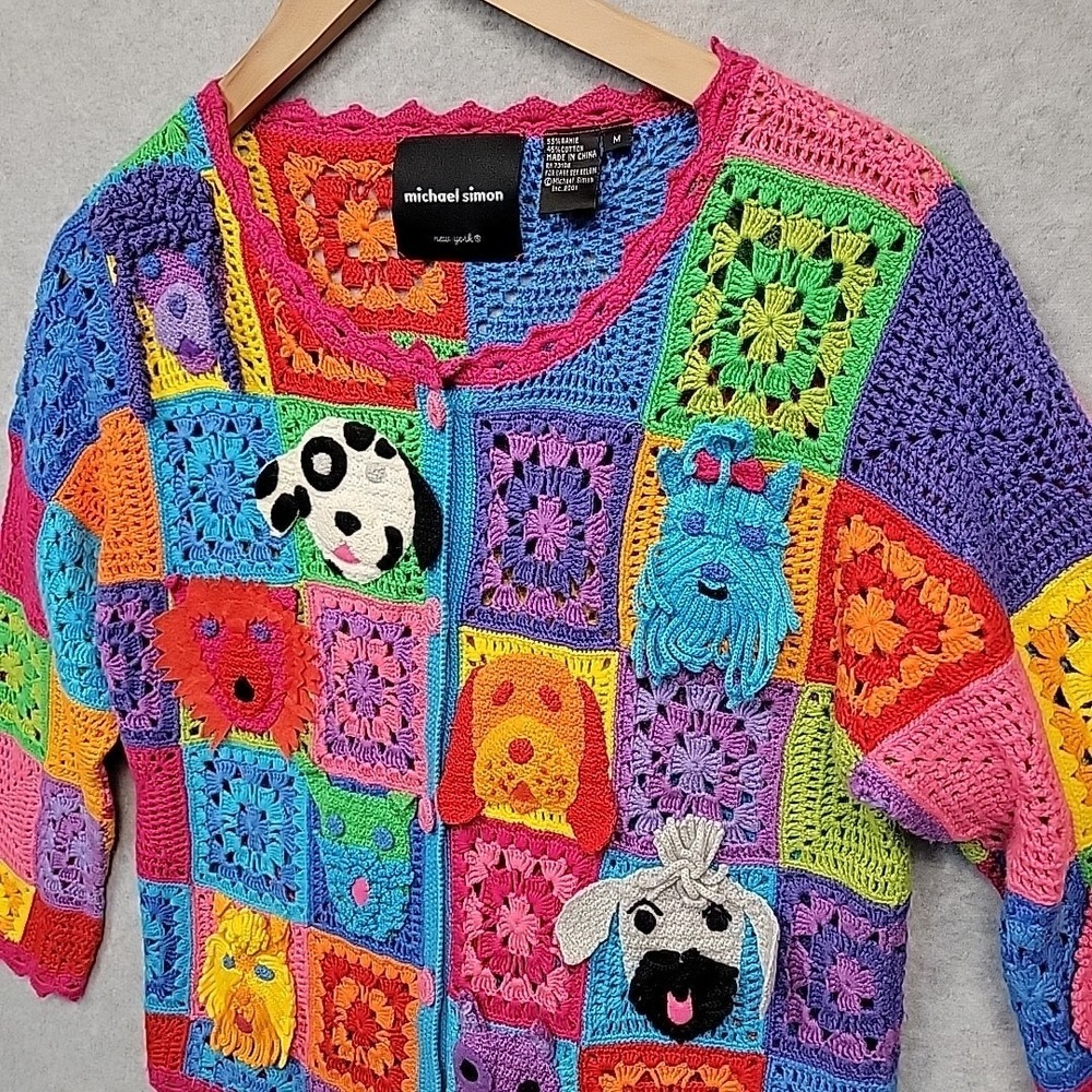 MICHAEL SIMON Sz M Dog Sweater Cardigan Granny Square Embroidered Colorful EUC